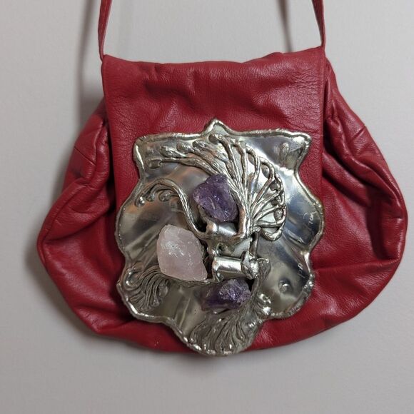 Vintage Copa Creation Red Leather Handbag with Amethyst & Rose Quartz – Carvalhu - Picture 1 of 8